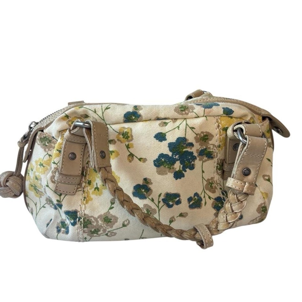 Fossil Floral Canvas Hobo Bag Braided Leather Straps Y2K Boho Purse